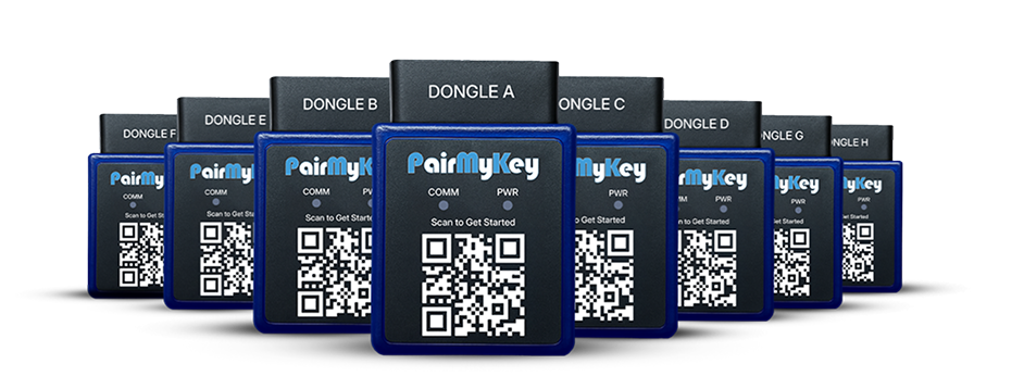 Lineup of all five PairMyKey dongle variants labeled A through E